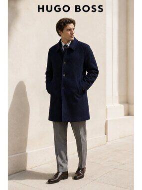 BOSS Hugo Boss Alpaca Virgin Wool Coat Men’s Size 50 Navy Blue Luxury Overcoat